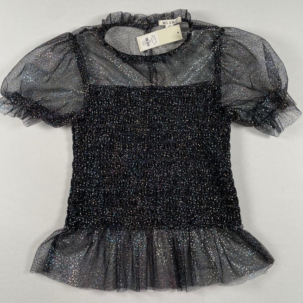 Miami Francesca's Smocked Sparkle Top‎ Ruffle Neck Puff Sleeve Party Blouse XS